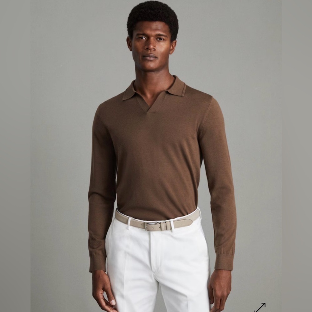 Reiss Maxwell 100% Merino Wool Long Sleeve Open Collar Polo Shirt XL Brown